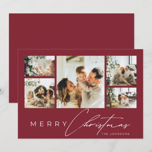 Simple Modern Script Photo Collage Red Christmas シーズンカード (正面/裏面)