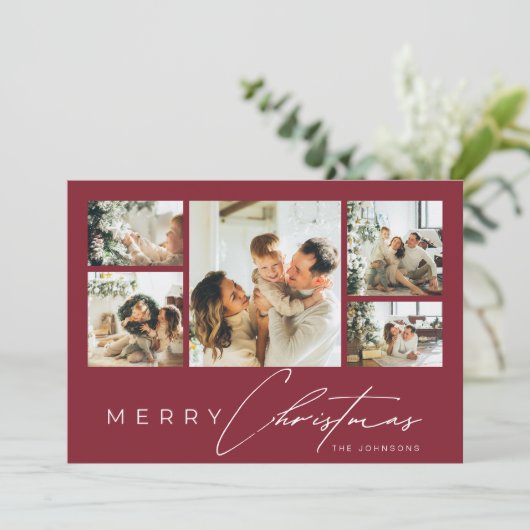 Simple Modern Script Photo Collage Red Christmas シーズンカード (スタンド正面)