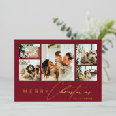Simple Modern Script Photo Collage Red Christmas 箔シーズンカード (立ち正面)