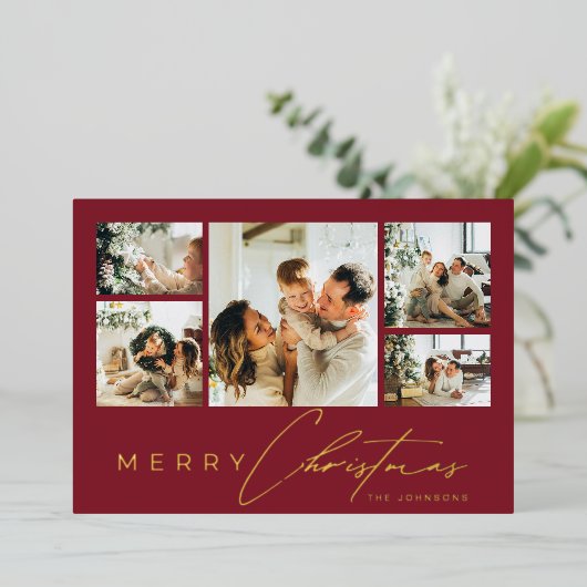 Simple Modern Script Photo Collage Red Christmas 箔シーズンカード (立ち正面)