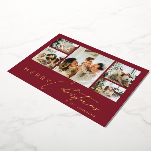 Simple Modern Script Photo Collage Red Christmas 箔シーズンカード (回転した状態)