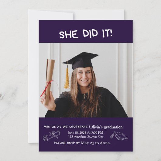 Simple Modern Script Photo Portrait Graduation 招待状 (正面)