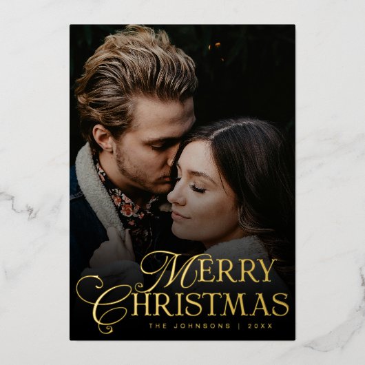 Simple Modern Typography 1 Photo Gold Christmas 箔シーズンカード (正面)