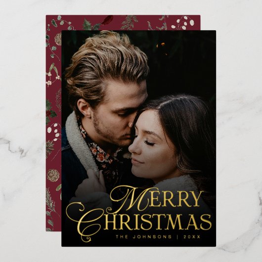 Simple Modern Typography 1 Photo Gold Christmas 箔シーズンカード (正面/裏面)