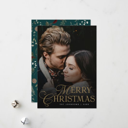 Simple Modern Typography 1 Photo Green Christmas シーズンカード (正面/裏面インサイチュ)