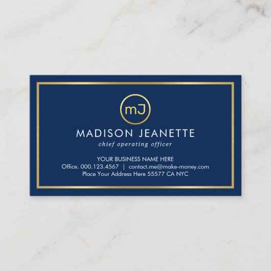 Simple Monogram On Gold Frame Blue Layer 名刺 (正面)