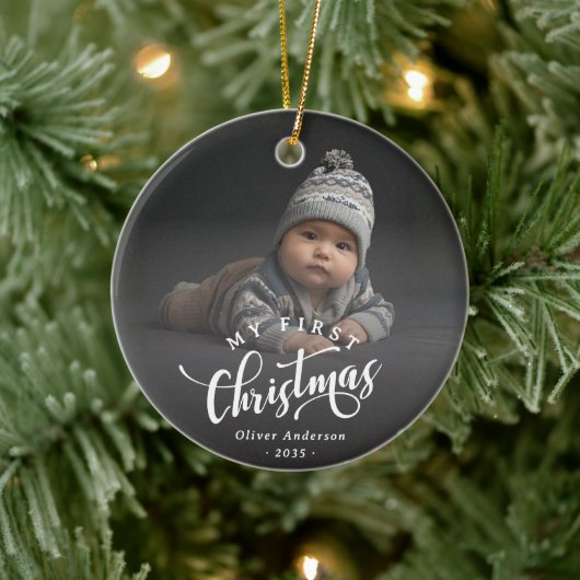 Simple My First Christmas Calligraphy Script Photo セラミックオーナメント (ツリー)