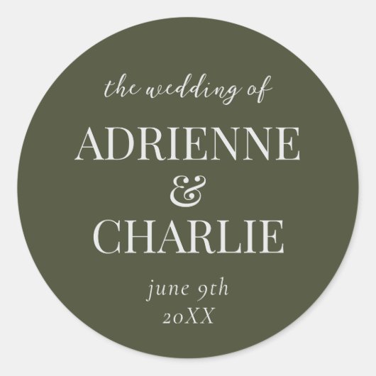 Simple Names Wedding Date Favor Envelope ラウンドシール (正面)