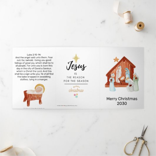 Simple Nativity Scene Church Christmas 三つ折りクリスマスカード (外部)