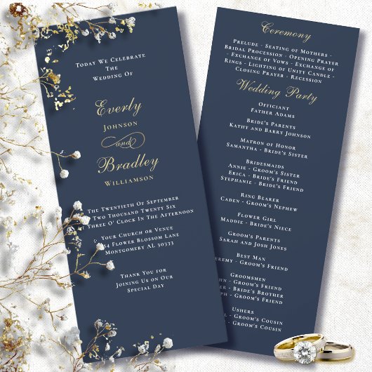 Simple Navy Blue Background Gold White Wedding 招待状