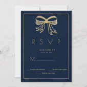 Simple navy blue gold glitter bow ribbon RSVP  招待状 (正面)