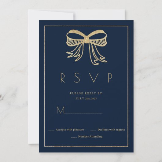 Simple navy blue gold glitter bow ribbon RSVP  招待状 (正面)