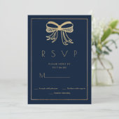 Simple navy blue gold glitter bow ribbon RSVP  招待状 (スタンド正面)