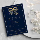 Simple navy blue gold glitter bow ribbon RSVP  招待状