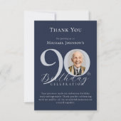 Simple Navy Blue Silver Photo 90th Birthday サンキューカード (正面)