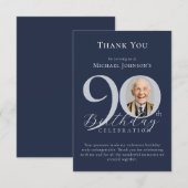 Simple Navy Blue Silver Photo 90th Birthday サンキューカード (正面/裏面)
