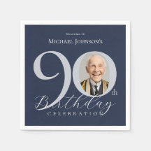 Simple Navy Blue Silver Photo 90th Birthday