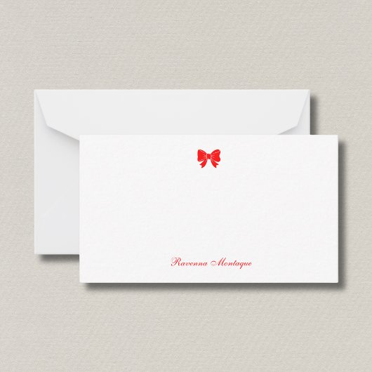 Simple Neon Red Chic Bow Handwritten Name  ノートカード