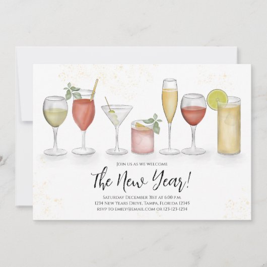 Simple New Years Party Cocktail Drinks QR Code 招待状 (正面)