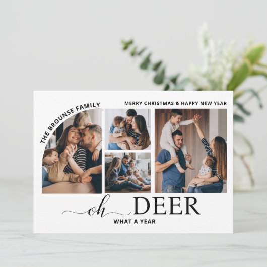 Simple Oh Deer What a Year Photo Collage Christmas カード (スタンド正面)