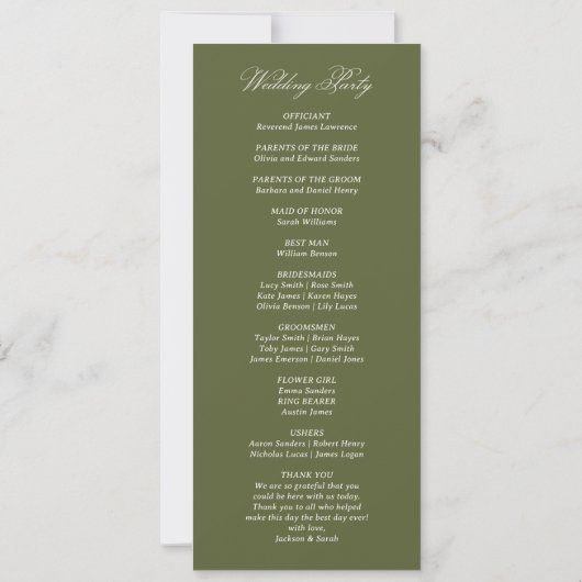 Simple Olive Green Wedding Flat Program 招待状 (裏面)