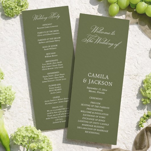 Simple Olive Green Wedding Flat Program 招待状
