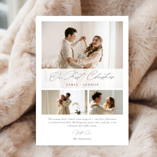 Simple Our First Christmas Elegant Script 3 Photo シーズンカード