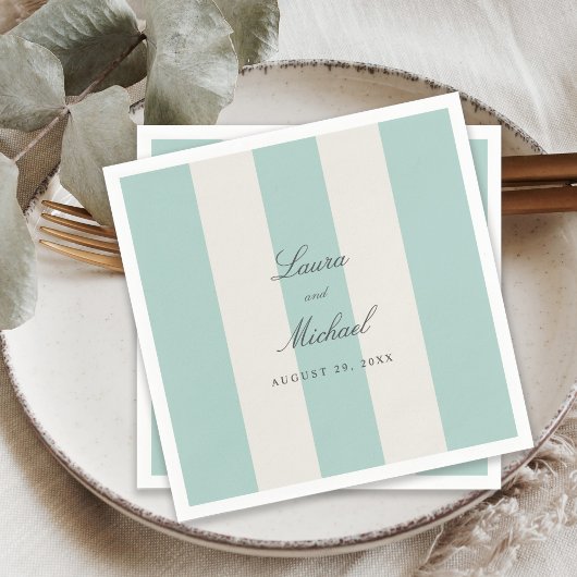 Simple Pale Teal Cabana Stripes Wedding スタンダードカクテルナプキン