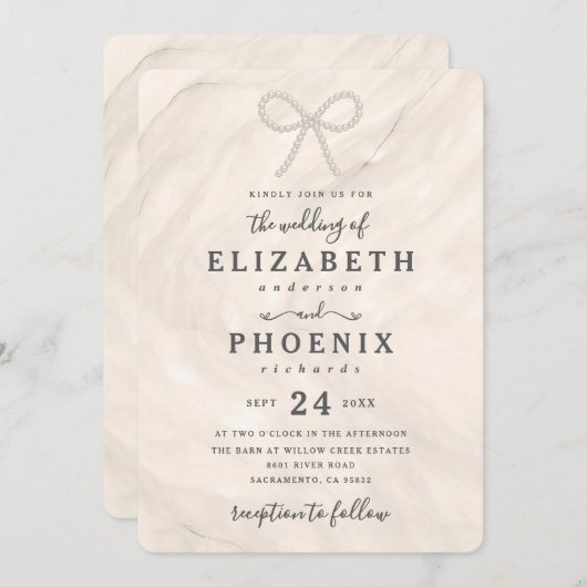 Simple Pearl Bow in Champagne Elegant Wedding 招待状 (正面/裏面)