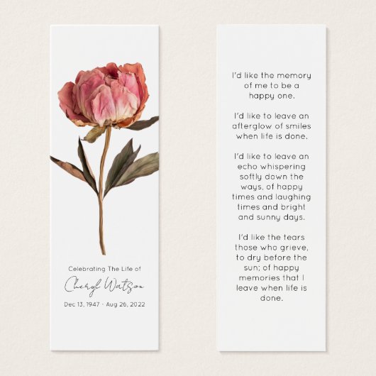 Simple Peony Funeral Memorial Bookmark (正面&裏面)