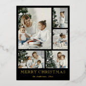 Simple Photo Collage Black Christmas Holiday Card 箔シーズンカード (正面)