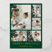 Simple Photo Collage Green Christmas Holiday Card 箔シーズンカード (正面)