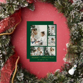 Simple Photo Collage Green Christmas Holiday Card 箔シーズンカード