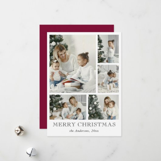 Simple Photo Collage Red Christmas Holiday Card シーズンカード (正面/裏面インサイチュ)