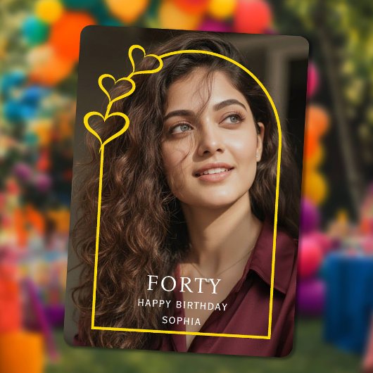 simple photo Gold Arch & heart Forty Birthday Card シーズンカード