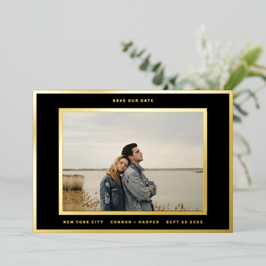 Simple photo Gold Border QR code save our date 箔招待状 (立ち正面)