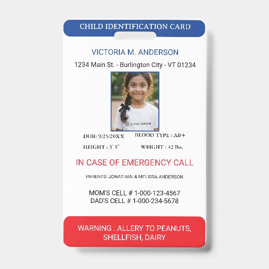 Simple Photo Identification Emergency Child ID バッジ (正面)
