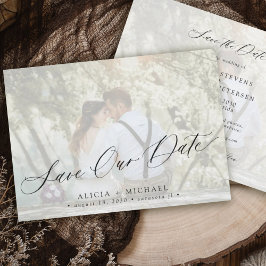 Simple photo overlay elegant script wedding セーブザデート