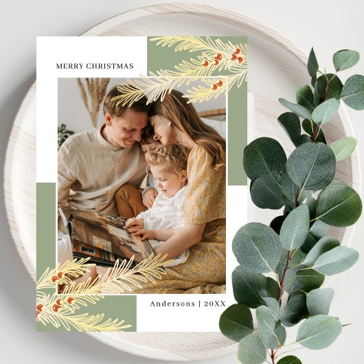 Simple Pine Branches Gold & Green Photo Christmas シーズンカード