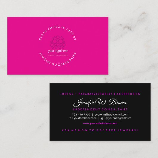 Simple Pink Black Jewelry Custom Logo 名刺 (正面/裏面)