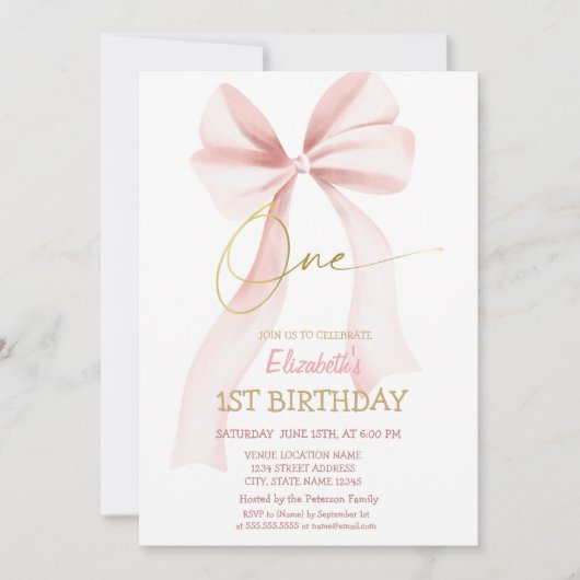 Simple Pink Bow Pink Striped 1st Birthday  招待状 (正面)