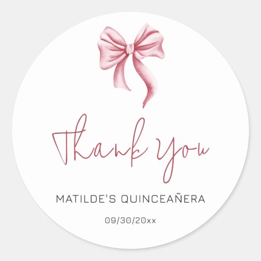 Simple Pink Bow Script Quinceanera Thank You ラウンドシール (正面)