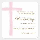 Simple Pink Cross Christening Baptism Thank You スクエアシール (正面)