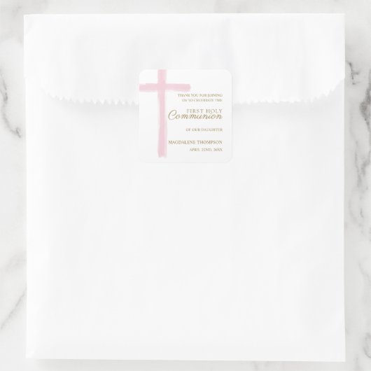 Simple Pink Cross First Holy Communion Thank You スクエアシール (バッグ)