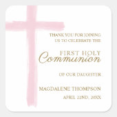 Simple Pink Cross First Holy Communion Thank You スクエアシール (正面)