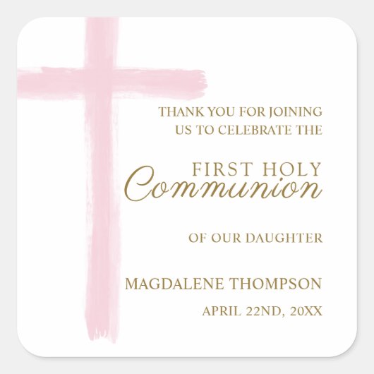 Simple Pink Cross First Holy Communion Thank You スクエアシール (正面)