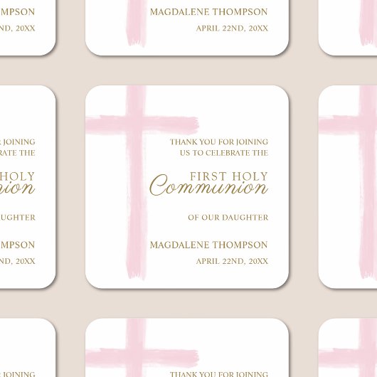 Simple Pink Cross First Holy Communion Thank You スクエアシール