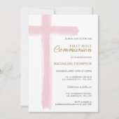 Simple Pink Cross Girl First Holy Communion 招待状 (正面)