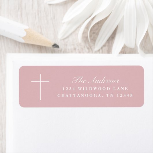 Simple Pink Cross Script Baptism Return Address ラベル (インサイチュ)