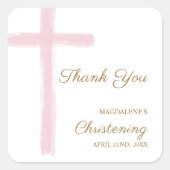 Simple Pink Cross Thank You Christening Baptism スクエアシール (正面)